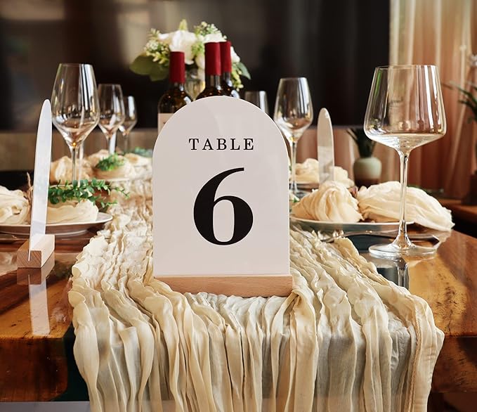 Wedding Table Numbers 1-15, Acrylic Arch Signs with Natural Wood Stands Holders, Rustic Table Decor for Reception & Parties (White Black)