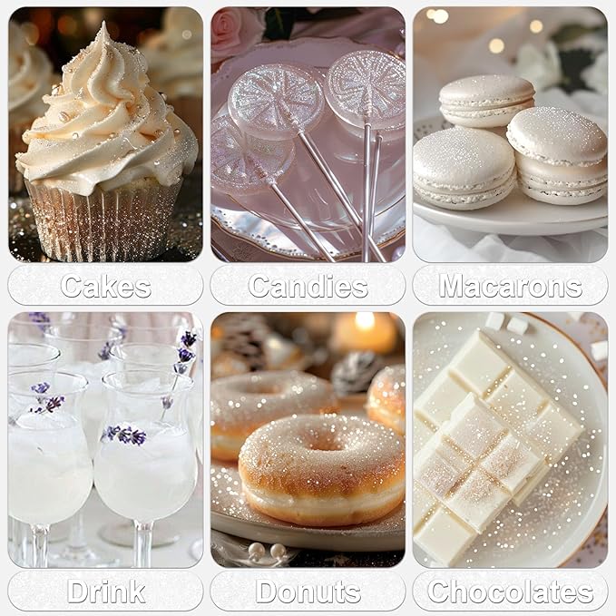 White Edible Glitter - 5g Food Grade Cake Decorating Shimmering Glitter, Edible Sprinkle Luster Dust for Drinks, Chocolates, Fondant, Strawberries, Cupcakes, Candy, Cookie - Vegan