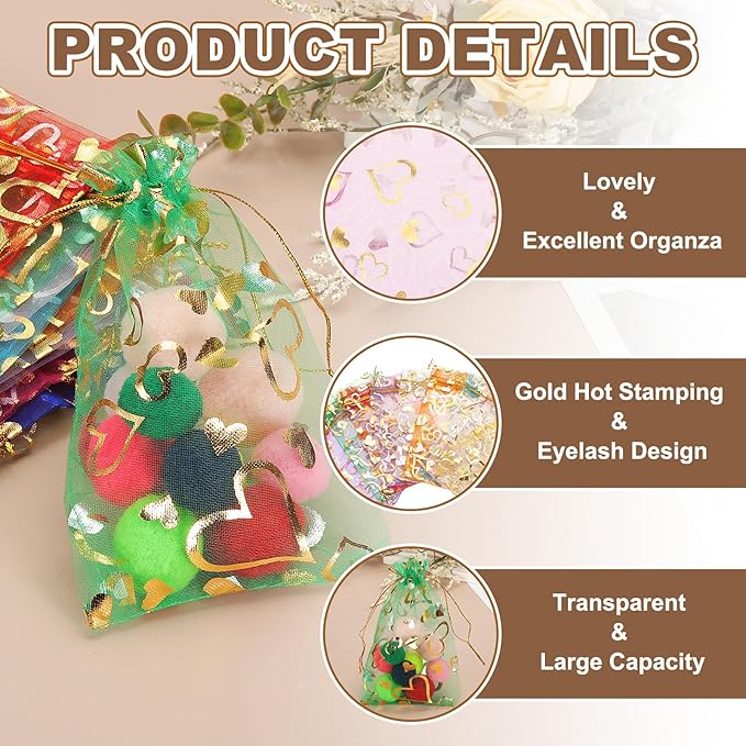 PATIKIL 100 Pcs 4x6 Inch Heart Printed Organza Bags, Green Sheer Heart Organza Bags with Drawstring for Christmas Candy Jewelry Party Wedding Favor Gift