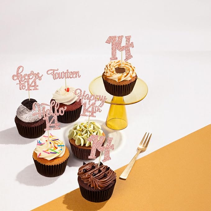 30Pcs 14th Birthday Cupcake Toppers Hello 14 Cupcake Picks Fourteen Cheers to 14 Years Old Cake Decorations for 14th Birthday Anniversary Party Supplies Rose Gold Glitter