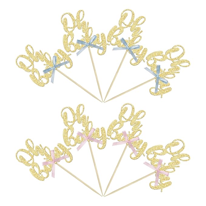 Gyufise 36Pcs Oh Baby Cupcake Toppers with Blue Pink Bowknot Gold Glitter Baby Shower Cupcake Picks Gender Reveal Cupcake Topper Decorations for Gender Reveal Baby Shower Kids Birthday Party Supplies