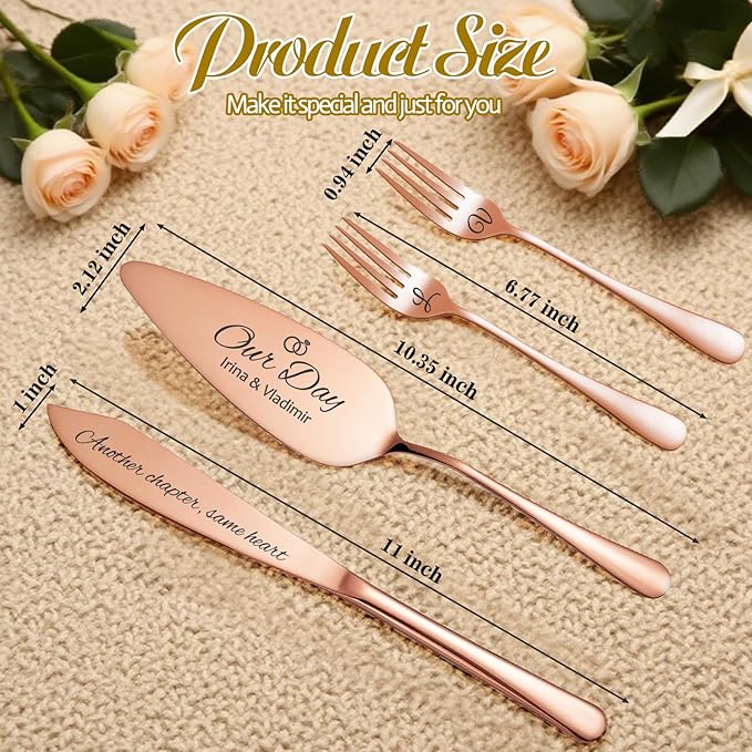 Personalized 4 Piece Wedding Cake Cutting Set, Custom Names Cake Knife and Server set with Forks, Anniversary Birthday Bridal Wedding Registry Gifts (Rose gold)