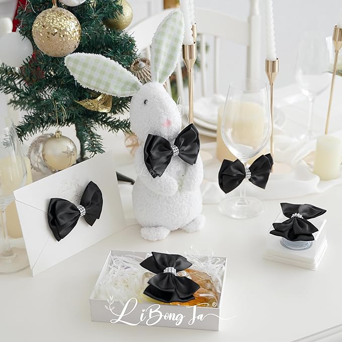 Black Satin Bows 4'' Premade Black Ribbon Bows, Gift Bows with Rhinestone, Wrapping Bows for Presents, Greeting Cards, Treat Bags, Wine Bottles, Valentines Bows for Gift Wrapping-12 Counts