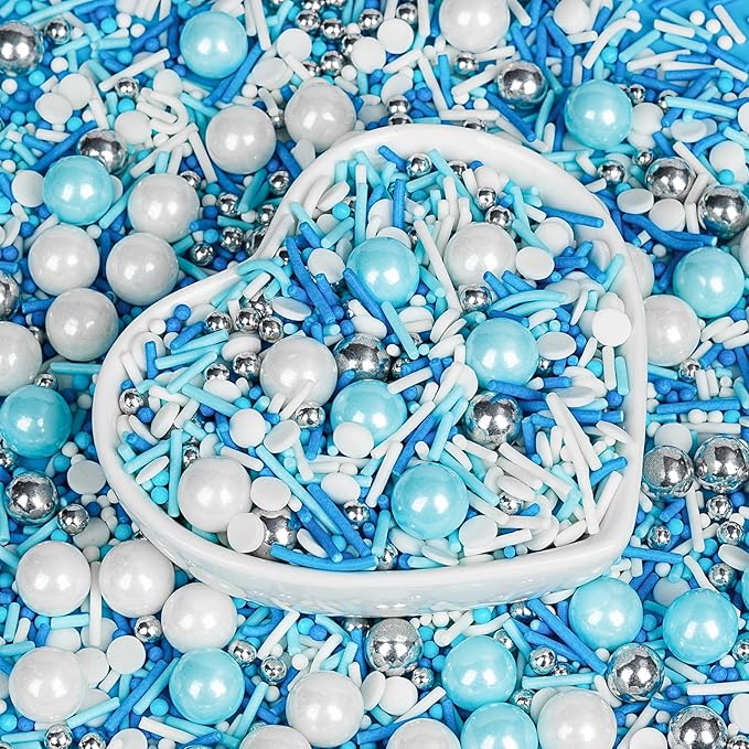 Edible Blue Silver White Sprinkles,Winter Jimmies Pearls Mix,130g/4.58oz,Perfect for Cake Decorations,Cake and Cupcake Sprinkles with Assorted Shapes and Sizes for Parties Baking, Ice Cream, Cookies, Cupcake Topper