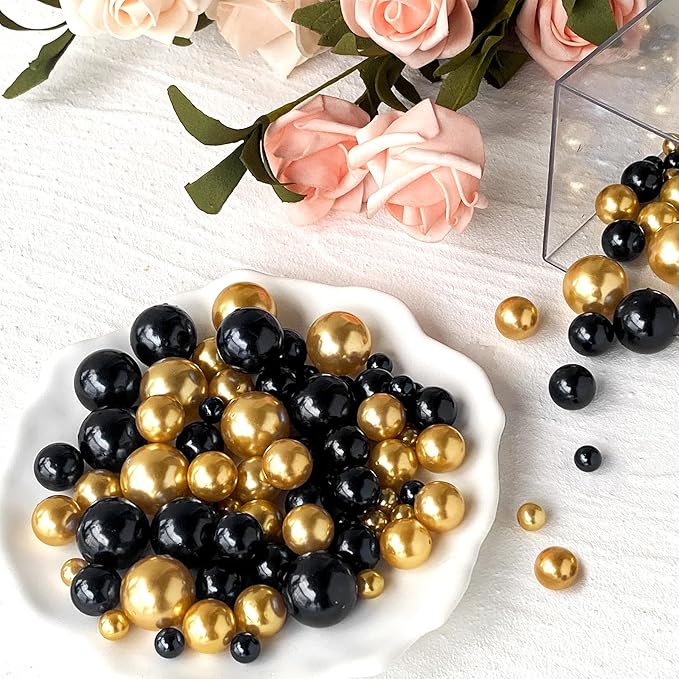 120 PCS 8/14/20mm No Hole Polish Pearl Beads for Centerpiece, Black Gold Beads Decorative Vase Fillers, Plastics Pearls for Vases, Table Scatters, Wedding Party Decor