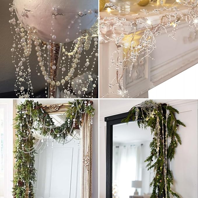 98FT Pearl Beads String Garland, 8mm 3mm Silver Faux Pearl Beads Roll Strand Bulk for Wedding Party Flower Christmas Decoration DIY Craft