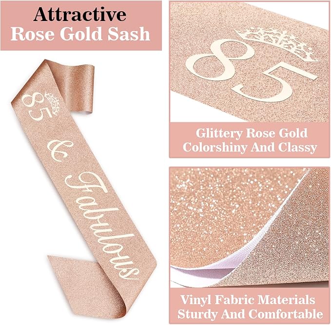 85th Birthday Party Decorations Including Sash, Crown, Numeral Candles and Cake Topper, Rose Gold 85th Birthday Decorations for Women