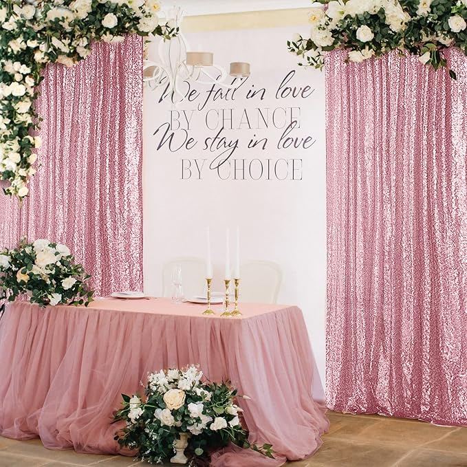 Hahuho Rose Pink Sequin Backdrop Curtain, 4PCS 2FTx8FT Glitter Backdrop Curtain for Parties, Christmas, Wedding, Banquet Decoration（4 Panels, 2FT x 8FT, Rose Pink）