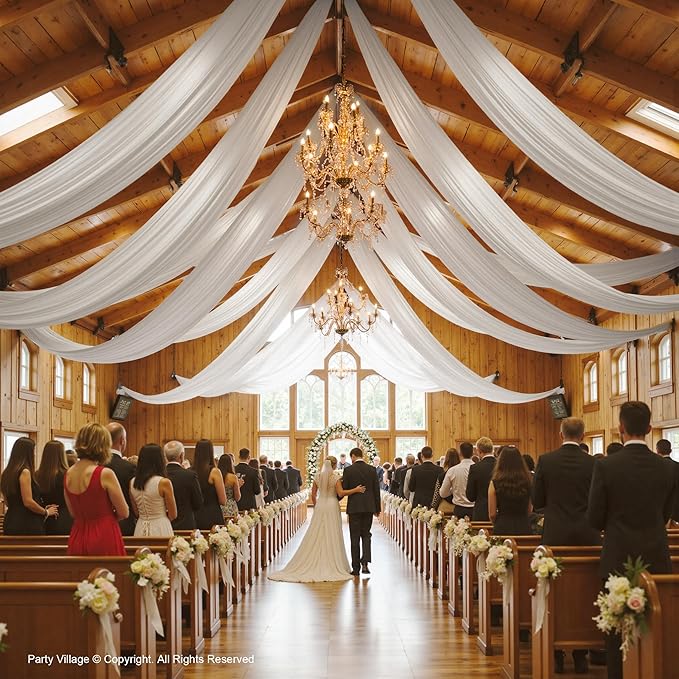 PartyVillage 20ftx40ft White Ceiling Curtain for Wedding Parties – 4 Panels Wrinkle-Free 40 FT Long Tent Draping Curtains for Wedding, Birthday & Theme Parties, 40ft Height with Rod Pocket