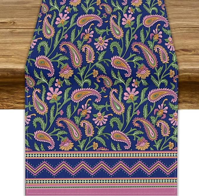 Colorful Paisley Floral Table Runner, Vintage Pink Purple Flowers Green Plants Leaves Print Table Runner for Kitchen Dining Table Indoor Outdoor Home Party, 13x108inch