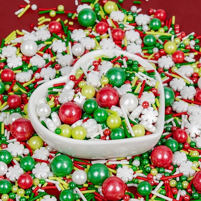 Christmas Snowy Night Sprinkles for Cake Decorating,130g White Snowflake and Red White Green Pearls and Jimmies Mix,Edible Sugar Holiday sprinkle for Cupcake Toppers, Cookie, Ice Cream Decorations Christmas Party