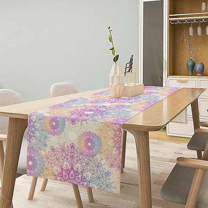 Oriental Mandala Table Runner, Traditional Bohemian Gradiently Purple Pink Blue Mandala Flower Table Runner for Farmhouse Cottage Kitchen Dining Table Decor, 13x70inch
