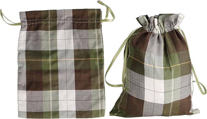 Large Fall Burlap Bags with Drawstrings - Orange Buffalo Plaid & Sage Green Gingham Sacks - Reusable Brown Pouch for Thanksgiving Party Gift Wrapping Goodies (4 Colors, 12x16 inch)