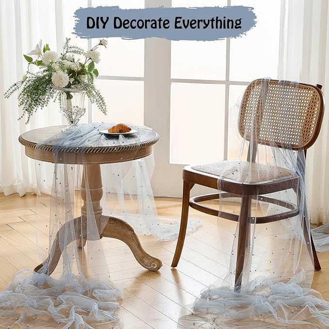 Fanami 1 Pack Pearl Table Runner -10FT Dusty Blue Boho Tulle Table Runners 120 Inches Long Rustic Sheer Lace Fabric Centerpieces for Wedding Arch Birthday Party Bridal Veil Baby Shower Decorations