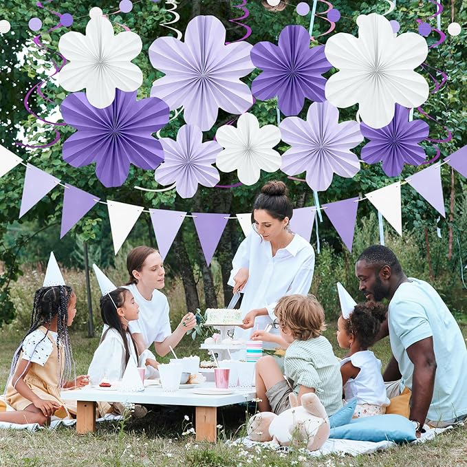 Lavender Birthday Party Decorations - Purple White Party Decorations with Hanging Paper Flowers,Tassel Garland and Swirls for Women Girl, Baby Showers Wedding Bachelorette Party Supplies