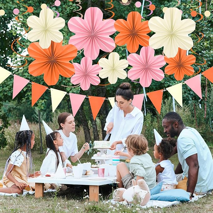 Pink and Orange Party Decorations - Orange Birthday Decoration for Women Girls with Hanging Paper Flowers, Tassel Garland and Swirls, Baby Showers Bachelorette Party Supplies Classroom Decor