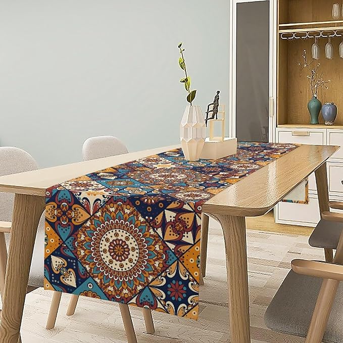 Vintage Mandala Table Runner, Bohemian Brown Blue Tile Traditional Indian Flowers Table Runner for Kitchen Dining Table Office Wedding Party Holiday Home Decor, 13x108inch