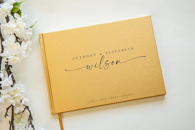 Personalized Guest Book - 11.5" x 8.5" Custom Bride & Groom Names with Bookmark and Hard Cover 140 GSM Blank Pages, for Weddings Guest Book, Engagements, Birthdays, Special Events, Gold