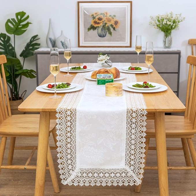 White lace Premium Rectangle Farmhouse Table Runner Waterproof OilProof SpillProof AntiShrink Soft Wrinkle Resistant Decorative Fabric Table Cover Kitchen Dinning Party Wedding Banquet