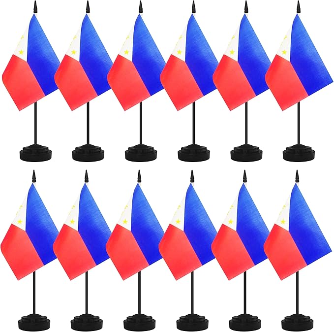 12 Pack Miniature Office Flags, Small Philippine Desktop Flags with 12" Black Pole and Base, Offices, Classroom, Home, Festival Decoration