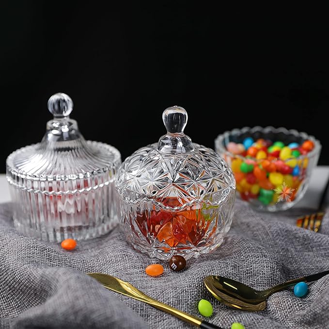 INFTYLE Glass Candy Dish with Lid Set of 4 Crystal Glass Candy Jar Jewelry Box Dappen Dish Cookie Jar for decorative storage gift idea (4pcs Clear)…