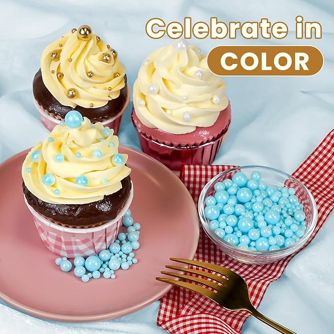 Edible Blue Pearl Sprinkles, Edible Sugar Sprinkles, Blue Pearls for Cake Decorating, Cupcake Toppers, Cake Decorations, Wedding Party Supplies, 180g/6.35oz