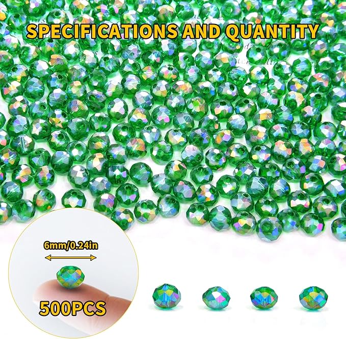 500Pcs 6mm Crystal Glass Beads for Jewelry Making Beads for Bracelets Necklace Pendants Making Supplies(Malachite Green)