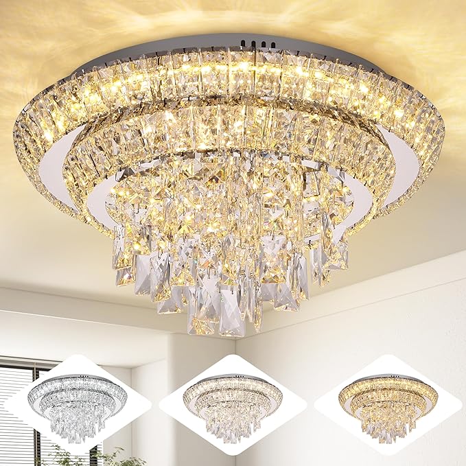 18 inch Crystal Silver Ceiling-Light Flush Mount with Remote Control and APP, 3CCT Dimmable & Brightness Adjustable, Modern Crystal Raindrop Chandeliers for Bedroom Hallway Dinning Room Living Room
