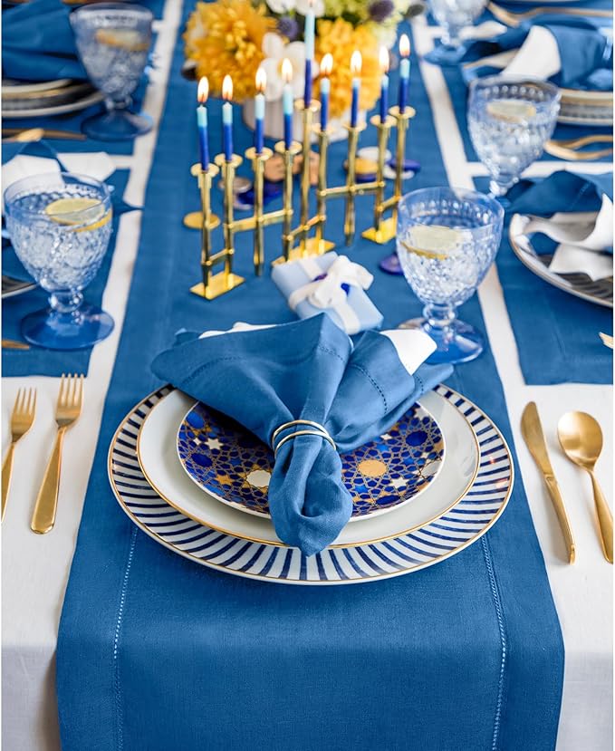 Solino Home Linen Indigo Blue Table Runner 156 Inches Long - 100% Pure Linen Extra Long Table Runner 14 x 156 Inch for Fall, Autumn - Classic Hemstitch