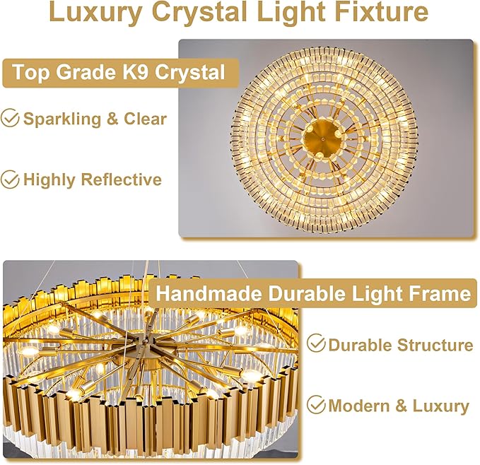 Modern Crystal Chandelier, 39" Gold Chandelier for Dining Room, 21-Light Luxury Round Chandeliers, 7-Tier Contemporary Light Fixture for Living Room, Bedroom, Foyer, Entryway, Kitchen