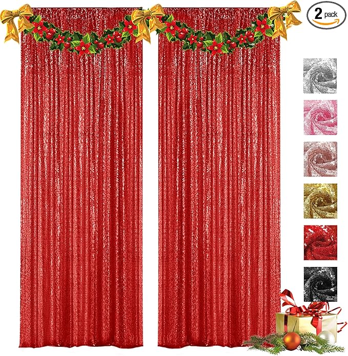 VOK Red Sequin Backdrop Curtains 2 Panels 2FTx8FT Glitter Photography Background for Wedding Birthday Christmas Party Decorations