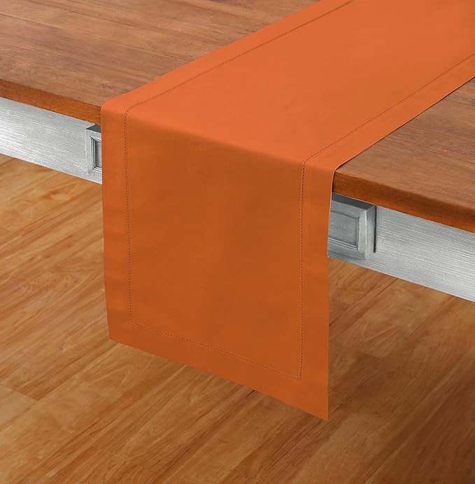 Solino Home Cotton Linen Table Runner 48 Inches - Pumpkin Hemstitch Table Runner 14 x 48 Inch Ideal for Dresser and Coffee Tables - Fall, Autumn, Halloween, Thanksgiving, Holiday