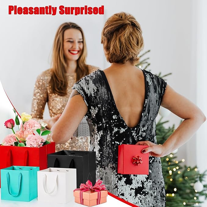 ADIDO EVA Red Square Gift Bags Mini Size Square Bottom Paper Bags with Handles for Party Favor (4x4x4 In, 10 CT)