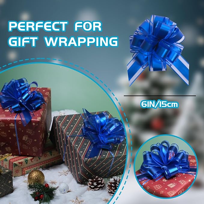 6 Pcs 6 Inch Blue Pull Bows, Perfect for Gift Wrapping, Weddings, Party Decorations, Crafts Easy-to-Use Pull Bows for Gifts and Events