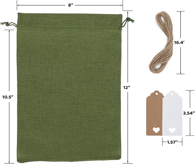 Tapleap Burlap Bags with Drawstring - 10Pcs 8x12 Green Gift Sacks for Wrapping Halloween Favors, Clothes, Hand Sanitizer, Mason Jars, For Birthday, Wedding, Party or Household Use