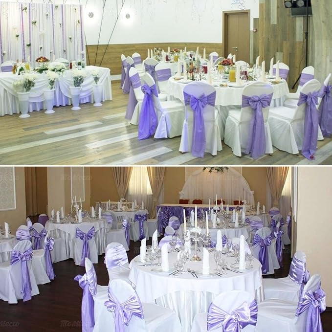 100 PCS Satin Chair Sashes Decorative Bow Chair Sashes Ties Back Ribbon Bows Chair Cover Band for Wedding Birthday Party Ceremony Reception Events Banquet Home Kitchen Decor(7 x108inch,Light Purple)