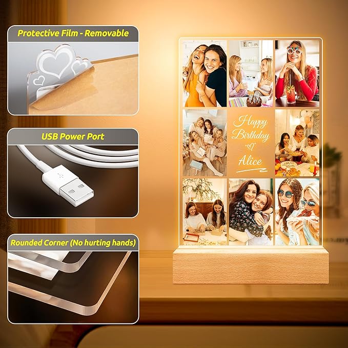 Custom Picture Frames with Photos, Personalized Photo Frame with Night Light, Customized Picture Frame, Personalized Birthday Gifts for Women, Men, Her, Him, Best Friends, Wife, Sister, Family