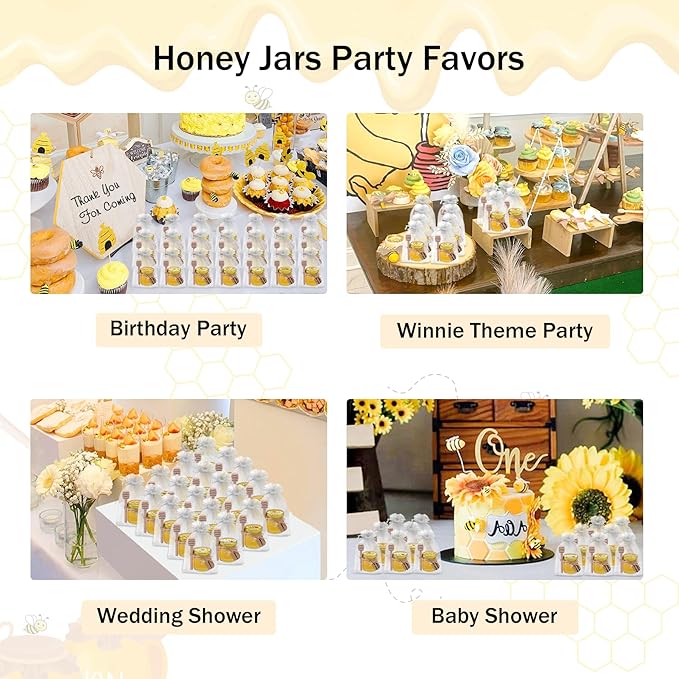 Aliggbent 126 Pack Mini Honey Jars for Party Favors in Bulk, 1.5 oz Small Round Glass Honey Jars with Dippers, Lids, Cute Stickers, Bee Charms, Bags and Jute for Baby Showers, Weddings & Birthdays
