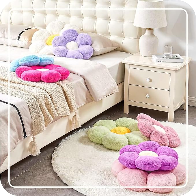 Blue Flower Pillow, Cute Decorative Shaped Throw Pillow With Faux Rabbit Fur, 19.6" Soft Plush Floor Pillows Room Decor for Bedroom Living Room
