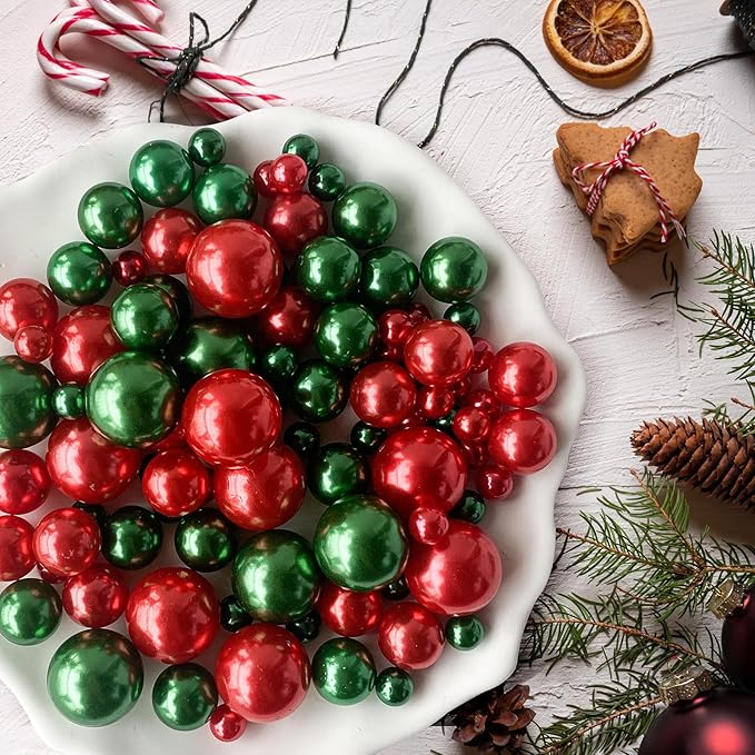 180PCS Red & Green Beads for Centerpieces Vases, No Hole Polished Pearl Makeup Beads Mixed 8/14/20mm Sizes, Pearl Vase Fillers Table Scatters for Party Wedding Decor