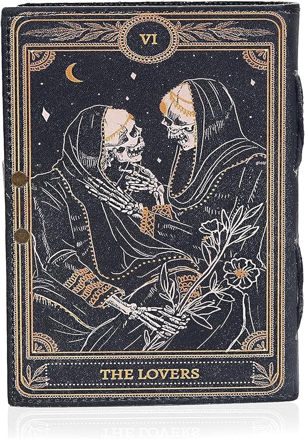 C CUERO Book of Spells Leather Journal Deckle Edge Paper Grimoire Printed Journal The Lovers Tarot Notebook Spiral Gothic Notebook Skull lover Antique Vintage Leather Journals for Men and Womens 10