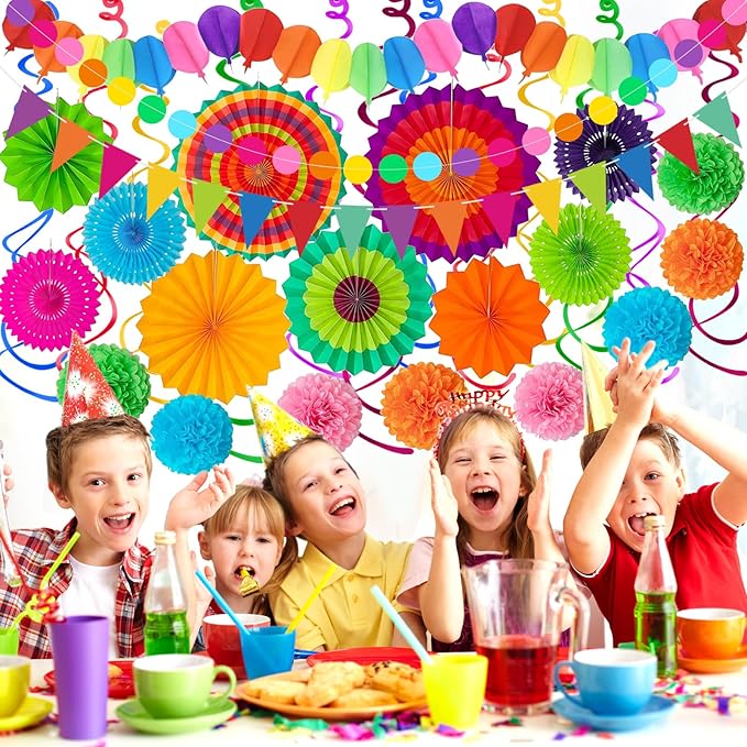 33Pcs Fiesta Decorations Cinco De Mayo Decorations Multi-Color Paper Fans Garlands Pennant Pom Poms Hanging Swirls For Birthday Wedding Rainbow Mexican Party