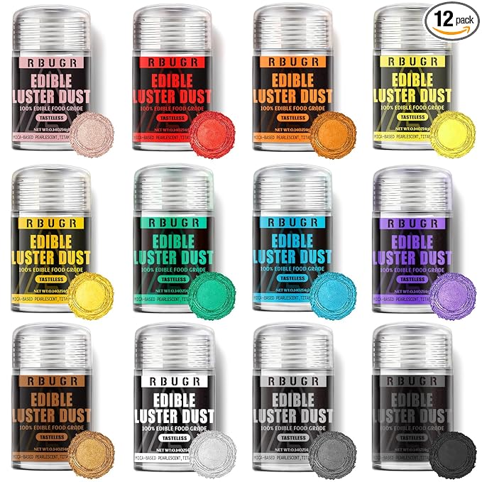 RBUGR Luster Dust Edible, 12 Colors Edible Glitter Pack, Cocktail Food Glitter Edible Dust, Vegan Edible Shimmer, Drink Powder for Cakes Cookies Chocolates Baking（4g/0.14oz）