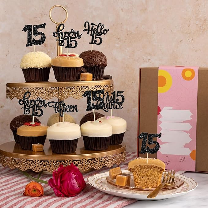 30Pcs 15th Birthday Cupcake Toppers Fifteen Cupcake Picks Cheers to 15 Years Old Mis Quince 15 Cake Decorations for 15th Birthday Anniversary Party Black Glitter