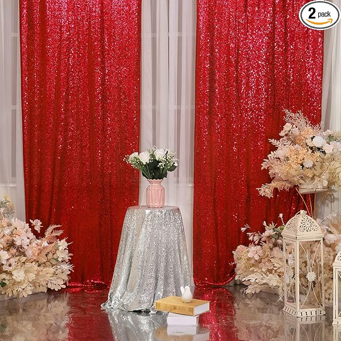 Poise3EHome 2Pcs 3Ft x 8Ft Red Sequin Backdrop Curtain for Birthday Party Baby Shower Wedding Christmas Thanksgiving Holiday Festival Decor