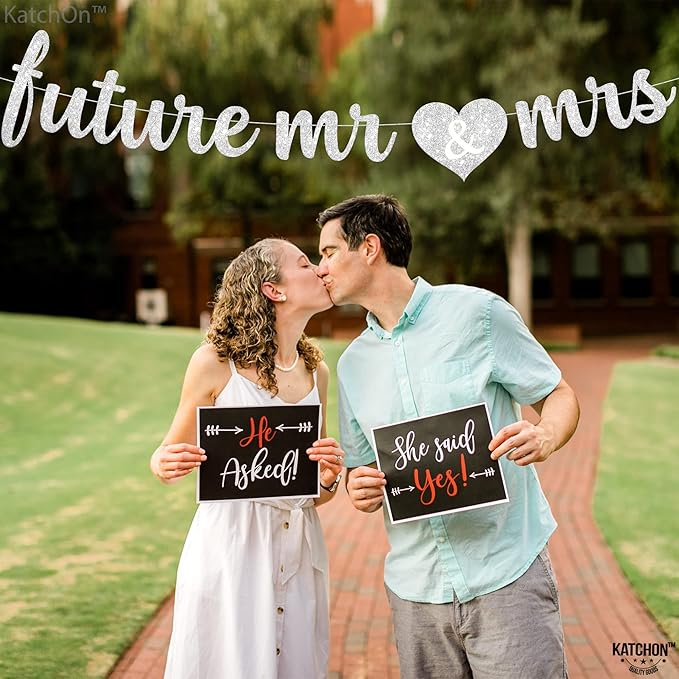 KatchOn, Silver Glitter Future Mr & Mrs Banner - 10 Feet, Pre-Strung, No DIY | Future Mr and Mrs Banner | Engagement Party Decorations | Bachelorette Party Decorations, Bridal Shower Decorations