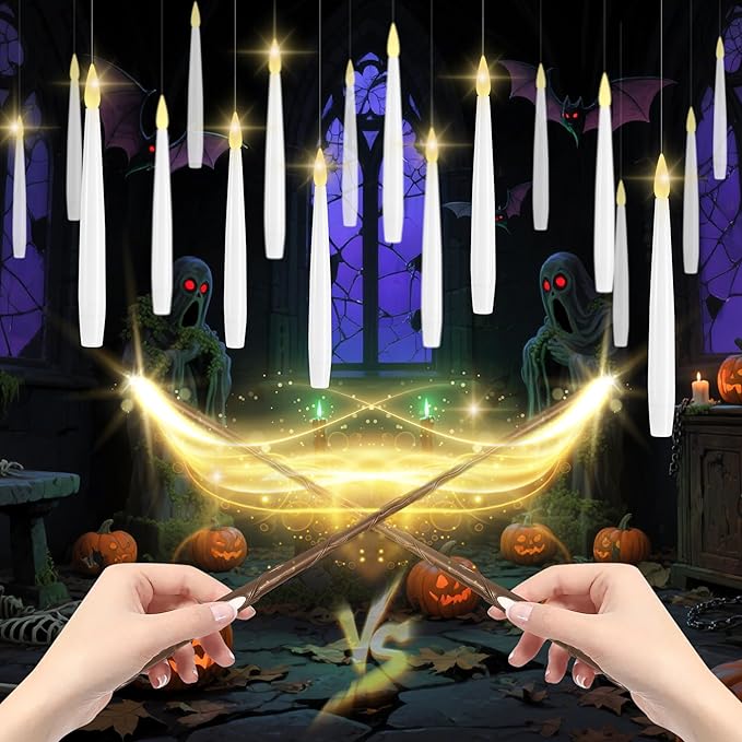 Floating Candles with Wand, 20 Pack 2 Wands Halloween Magic Hanging Candles Flameless Floating Candles Battery Operated for Halloween Decorations Gift Idea