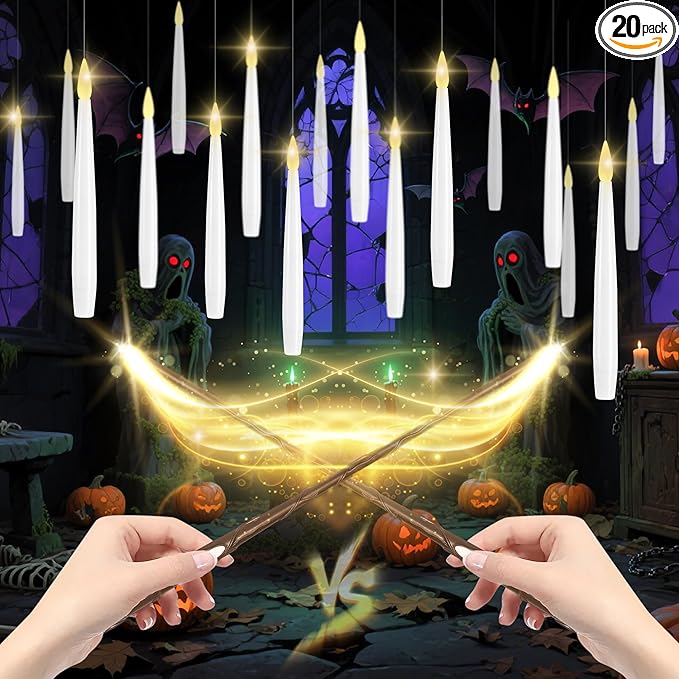 Floating Candles with Wand, 20 Pack Halloween Battery Operated LED Hanging Candles Electric Floating Candle for Halloween Party Decor Christmas 10.8in