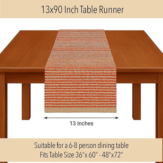 Chardin home Natural Jute Table Runner 13x90 Inch – Vintage Boho Rustic Table Decor – Handwoven Table Runner in Natural Jute and Rust Orange – Farmhouse Dining or Console Table Accent