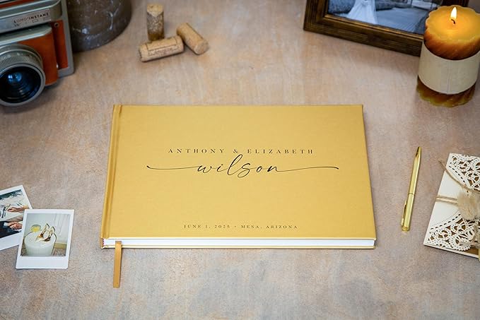 Personalized Guest Book - 11.5" x 8.5" Custom Bride & Groom Names with Bookmark and Hard Cover 140 GSM Blank Pages, for Weddings Guest Book, Engagements, Birthdays, Special Events, Gold